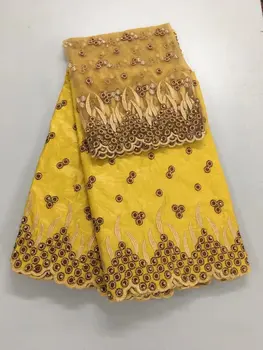 

yellow lace embroidered fabric bazin riche fabric nigerian gele headtie net lace with beads woman blouse 2017 new7yard/lot