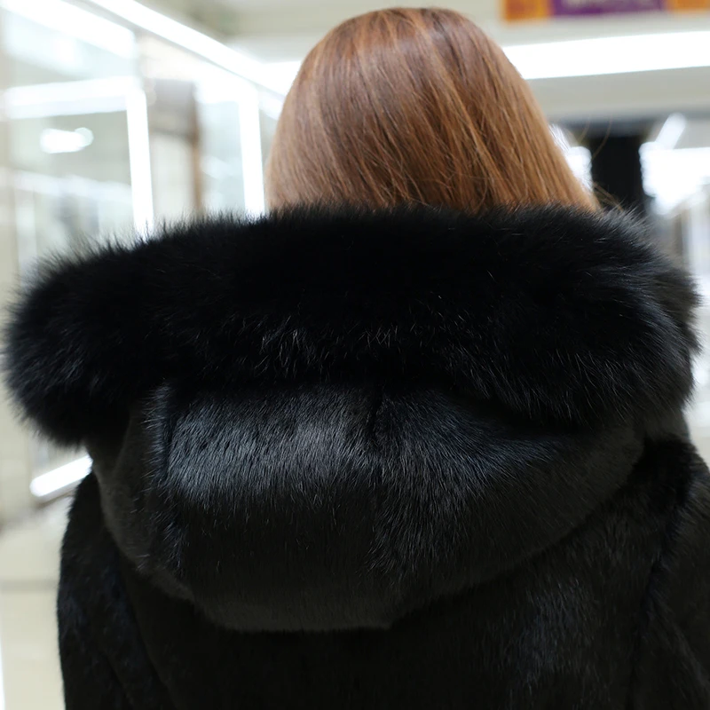 Женское длинное пальто с капюшоном из кроличьего меха с меховым капюшоном и воротником из натурального Лисьего меха, роскошная меховая верхняя одежда большого размера ksr323