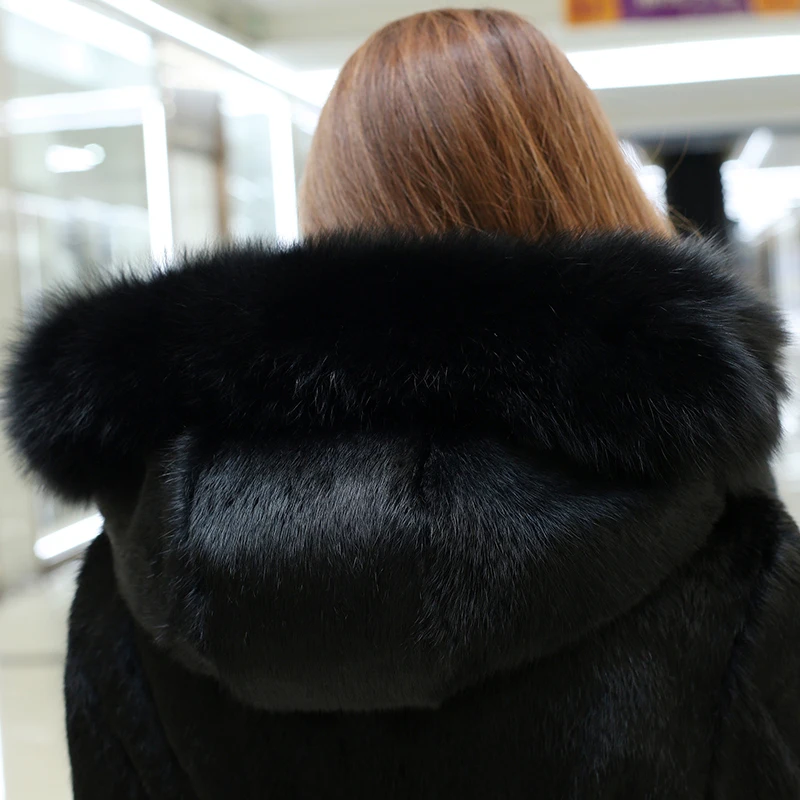 Women Hooded Full Pelt Rabbit Fur Long Coat With Fur Hood and Natural Fox Fur Collar Luxury Big Size Fur Outwear ksr323