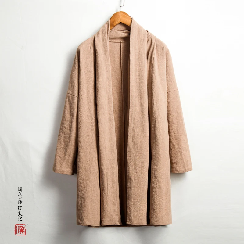 Мужская высокая Qualiyt хлопковая льняная длинная куртка китайский стиль Kongfu Пальто мужское свободное кимоно кардиган пальто