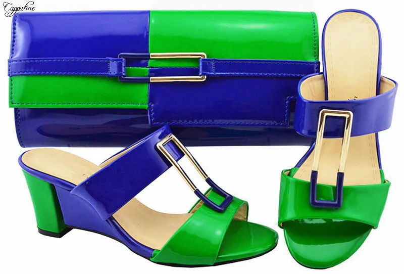 Latest design royal blue with green shoes with bag wedge heel sandal