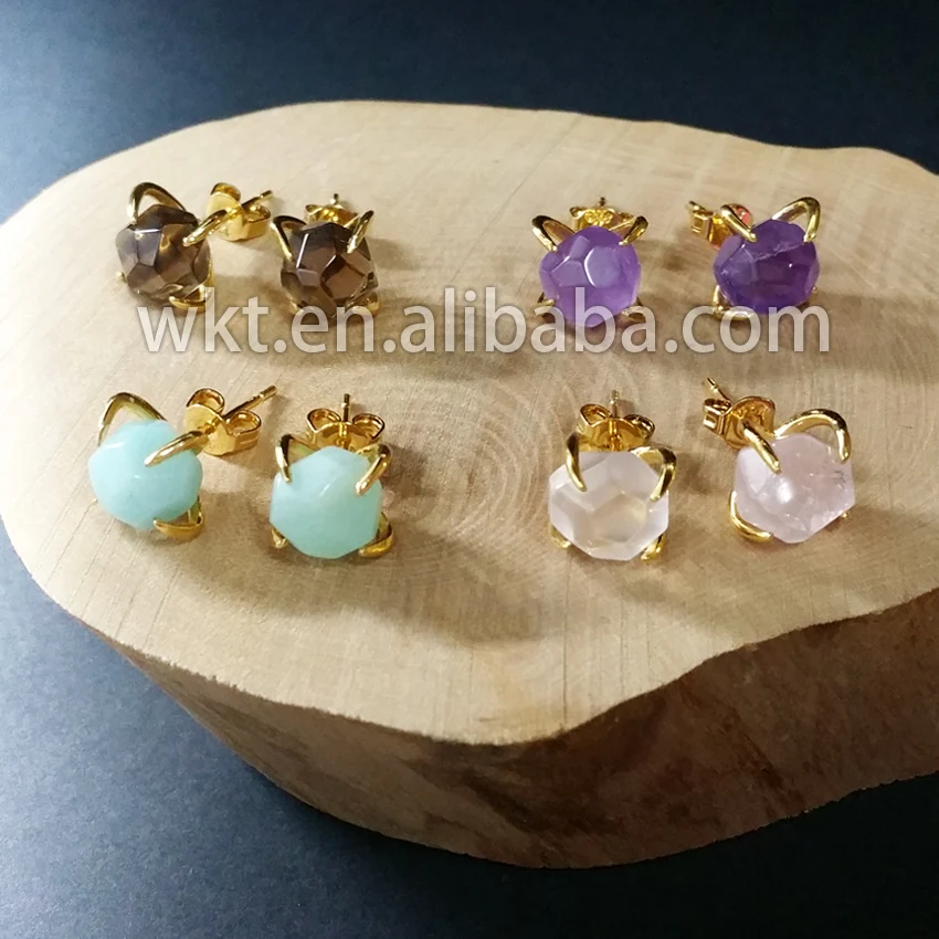 

WT-E123 Natural Gem stone Stud Earring Amazonite Cry stal Natural Stone Studs with 24k gold electroplated prong setting