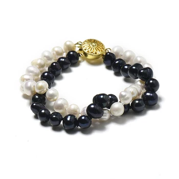 

7-8 MM Freshwater Natural pearl Bracelet WITH two Strands of pearls mixed in two Black and white Colors