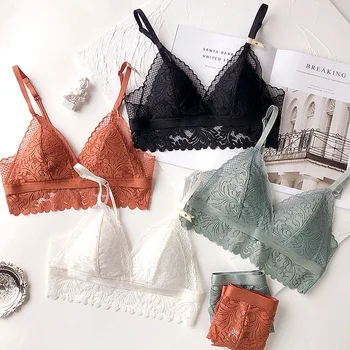 

Wriufred Embroidered Women Soft Cup Lace Lingerie Set Plus Size Bra Sets Triangle Cup Bralette Wire Free Underwear Sets