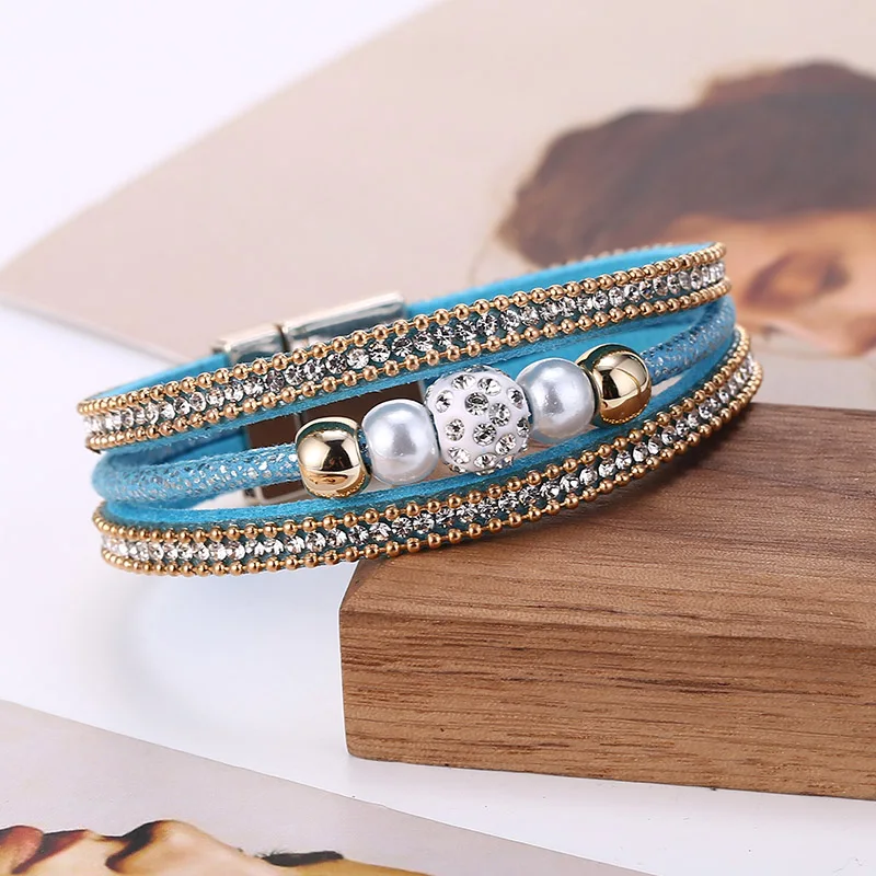 HOCOLE винтажный Многослойный кожаный браслет с бусинами для женщин Шарм многослойный из бусин горный хрусталь браслет браслеты женские модные ювелирные изделия - Metal Color: Blue Bracelet