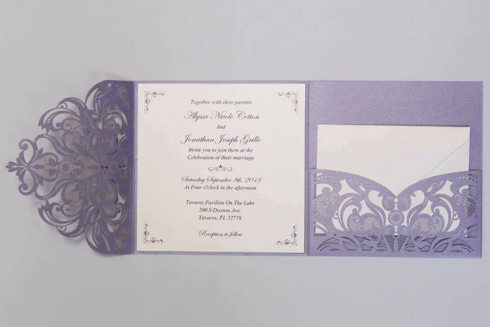 Elegant Laser Cut Wedding Invitations with RSVP Cards, Purple Pocket Invitations Customized Invitation Cards