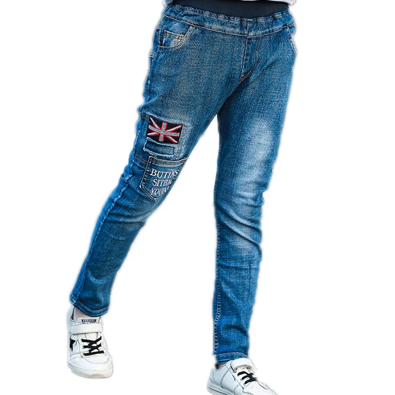 

2018 Letter American Flag Patchwork Jeans for Teenagers Boys Skinny jeans Pants Elastic Waist Boy Denim Trousers for Kids 3-12Y