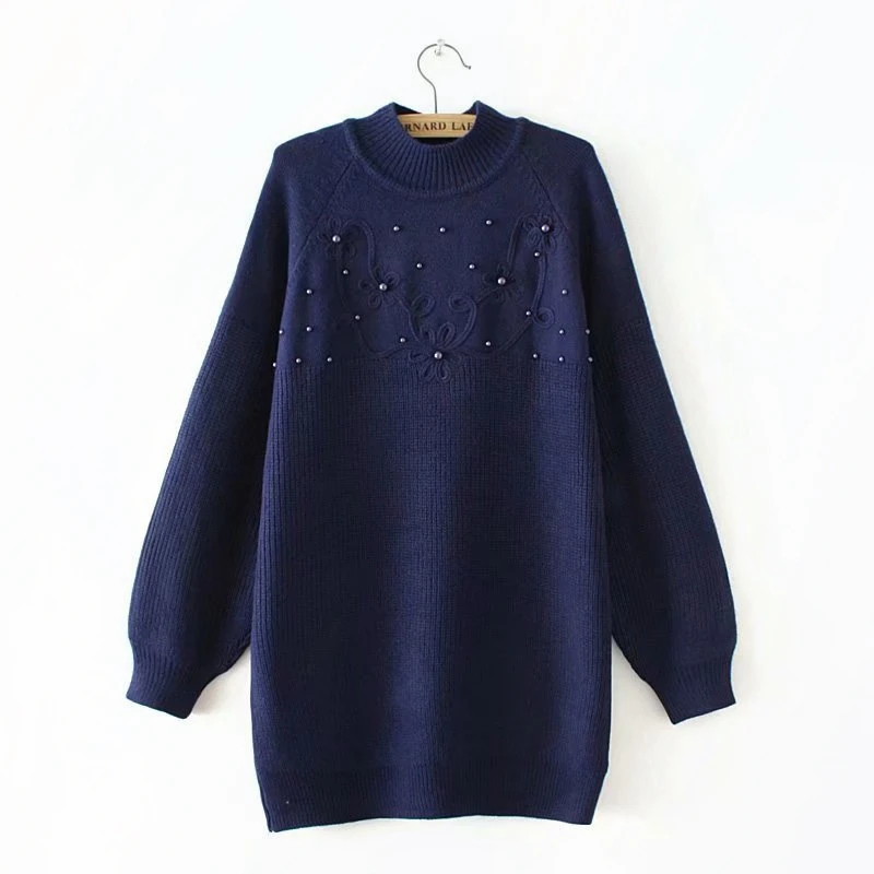 Pearls Turtleneck Sweater Knitted Pullovers Plus Size Casual Solid Loose Long Sleeve Women Sweater Pink Blue KKFY2814