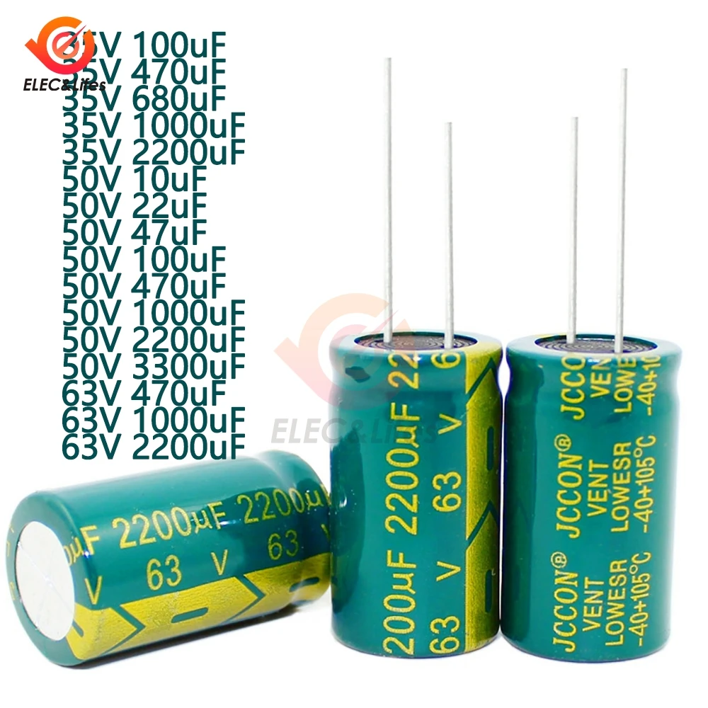 100 шт./лот электролитический конденсатор 35 V 50 V 63 V 22 мкФ 47 мкФ 100 мкФ 470 мкФ 680 1000 мкФ 1500 мкФ 2200 мкФ высокое низкочастотное сопротивление
