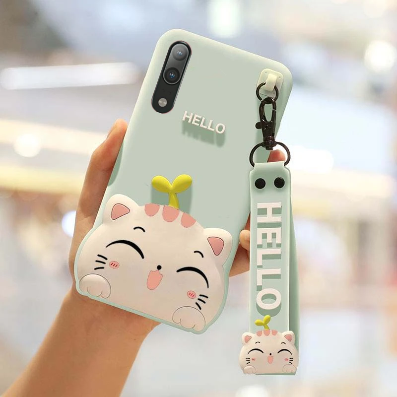 

For Huawei P20pro case cute 3D Hello smile cat for Huawei P20 soft silicone back cover girl gift cartoon phone shell +hand strap