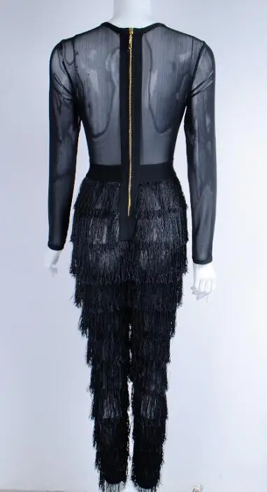 Одежда высшего качества пикантные с длинным рукавом кисточкой черный Для женщин комбинезон знаменитости модельер комбинезон