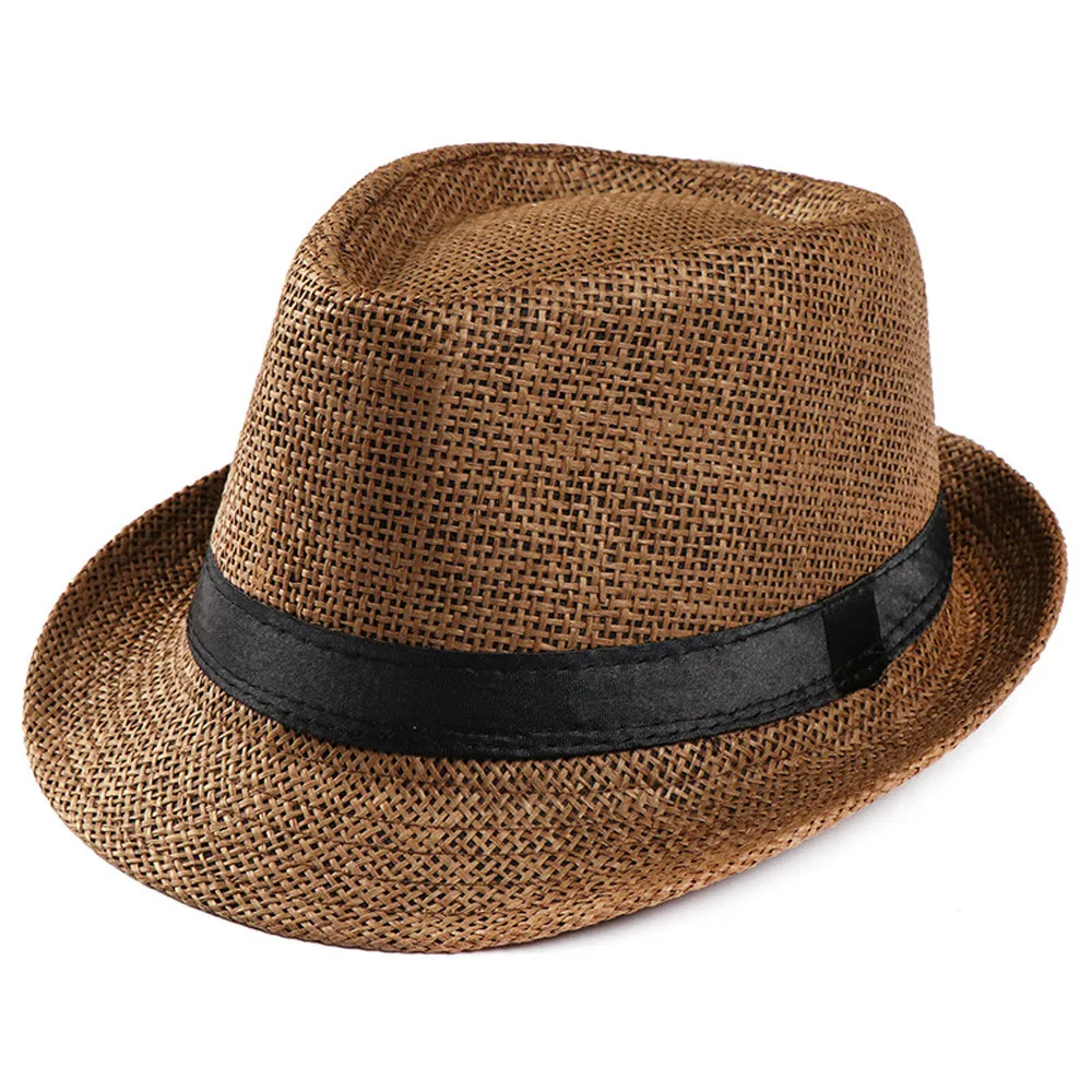 Unisex Trilby Gangster Cap Beach Sun Straw Hat Band Sunhat Straw