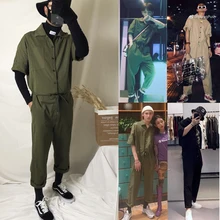 Модные мужские Свободные Комбинезоны с коротким рукавом, женские огромные нагрудники, повседневные Комбинезоны с карманами, однобортные цельные джинсы