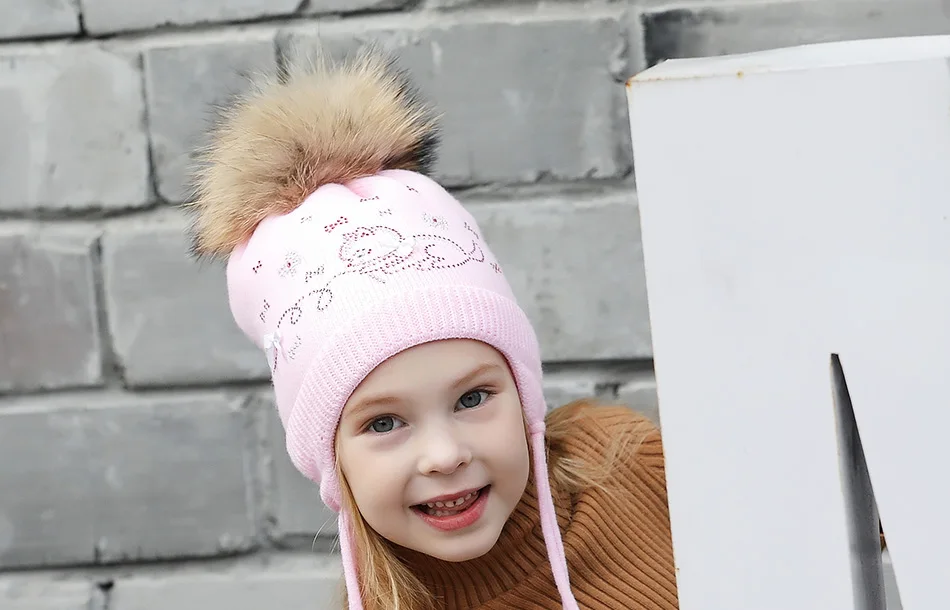 Cap's Children Skullies Beanies Pink Bowknot Double layer Knitted Hat Warm Beanies Kids Hat With Fur Pompom Winter Beanie (1)
