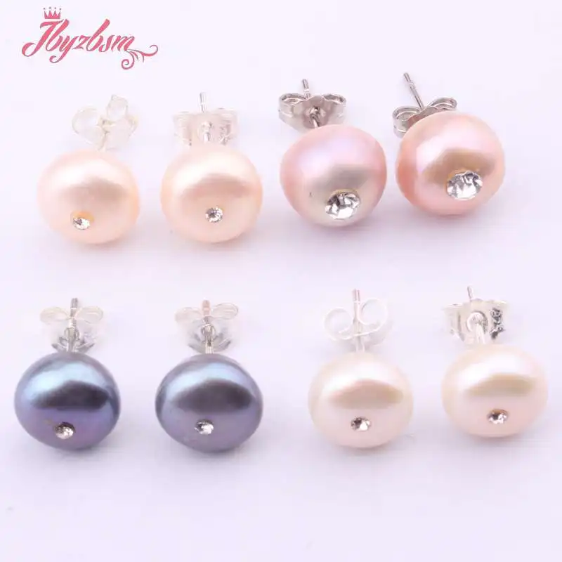 Free Shipping 5x10mm Natual Button Shape Freshwater Pearl Gem Stone For Lady Party White Sliver Plated Earrings 1 Pair Wholesale|silver earring