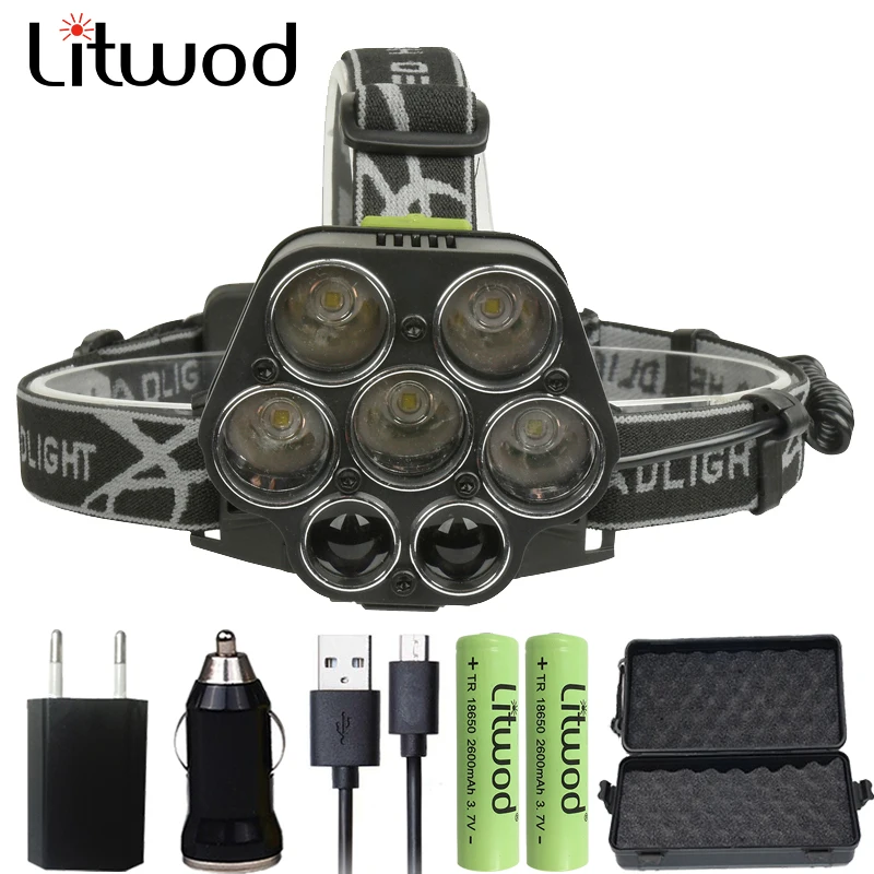 Litwod z202507 светодиодный налобный фонарь Micro USB зарядное устройство фара 25000LM 5 * T6 + 2 XPE