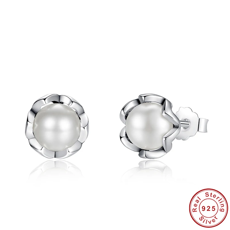 

New Arrival Real 925 Sterling Silver Cultured Elegance Stud Earrings With White Pearl For Women Authentic Jewelry Fashion Gift