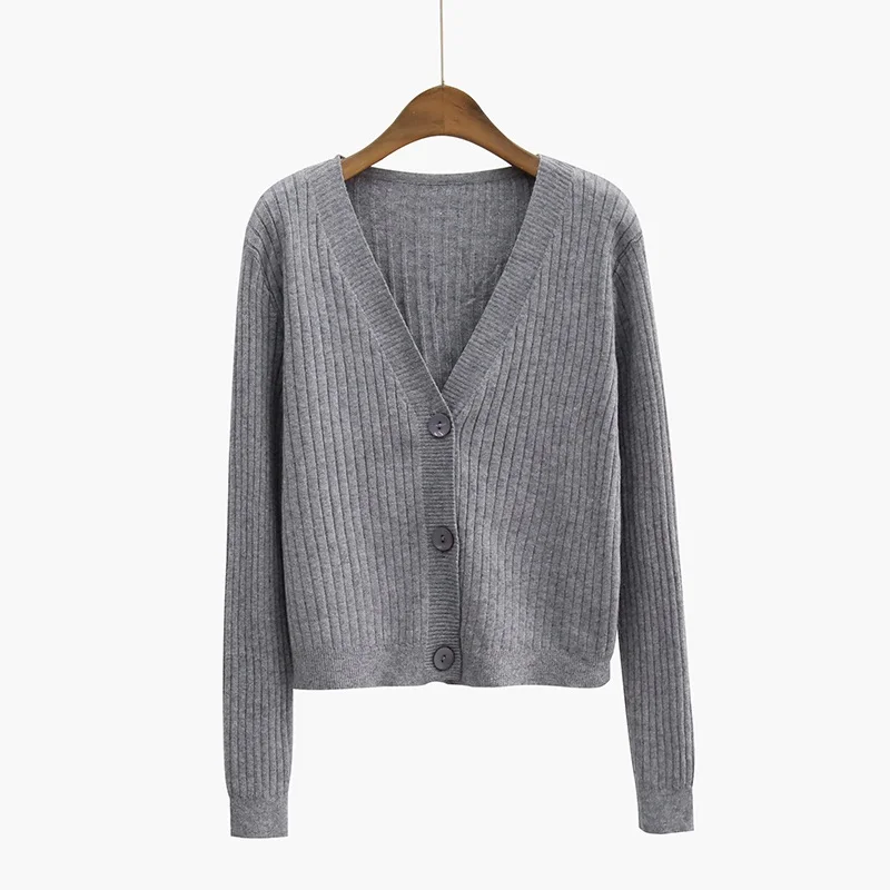 YAGENZ, весеннее и осеннее пальто, Женский вязаный свитер, короткие пальто, длинный рукав, v-образный вырез, кардиган с резьбой, женский свитер, Топ - Цвет: Gray