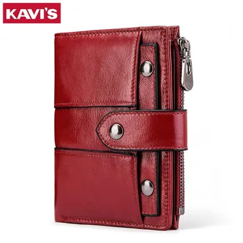 

KAVIS 100% Genuine Cow Leather Women Wallet Female Small Portomonee Lady Money Bag Coin Purse Card Holder Hasp for Girl Zipper