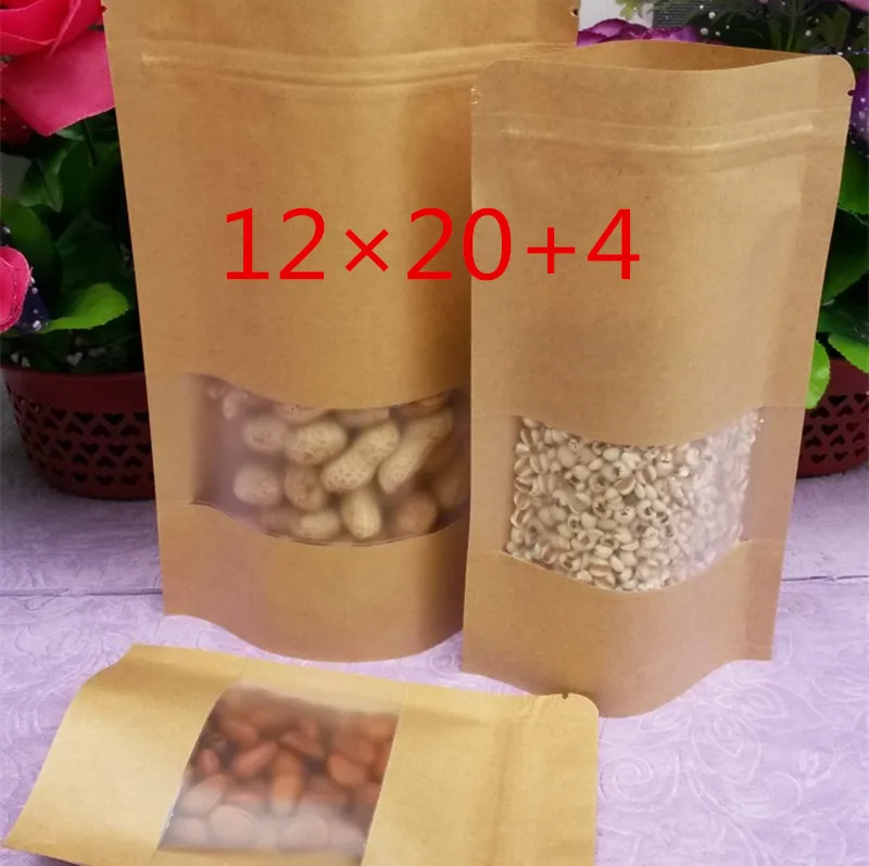 100 Pieces 12*20cm Resealable Brown Kraft Paper Bags for Tea Gift Bags
