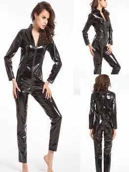 

Tight Sexy Women Catsuits Thick Black Leather Women Jumpsuits High Collar High Quality Catsuits Front Zipper size s-2xl 5xl