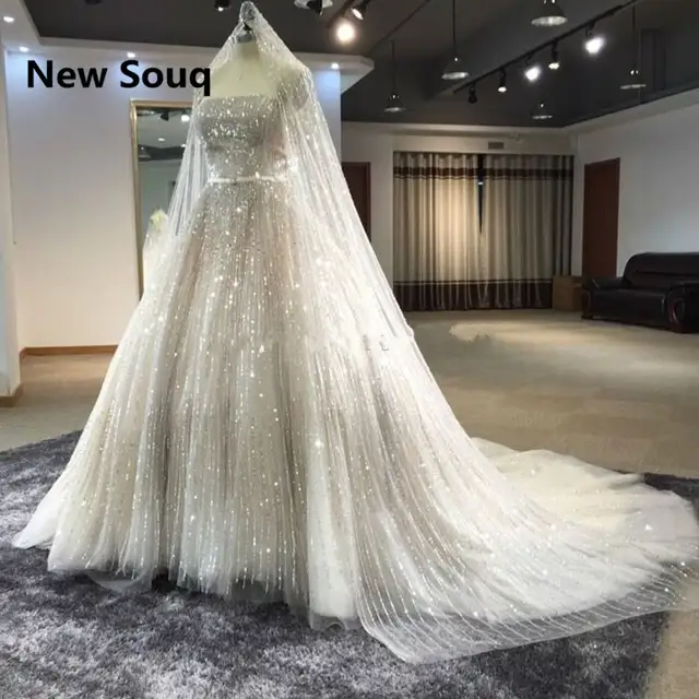 Luxury Sequined Ball Gown Wedding Dresses With Veil 2019 Strapless