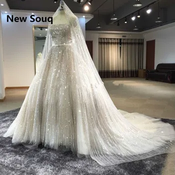 شراءالفاخرة مطرزة الكرة ثوب فساتين الزفاف مع الحجاب 2019 حمالة فستان الزفاف العربية دبي أثواب الزفاف Vestidos دي Noiva