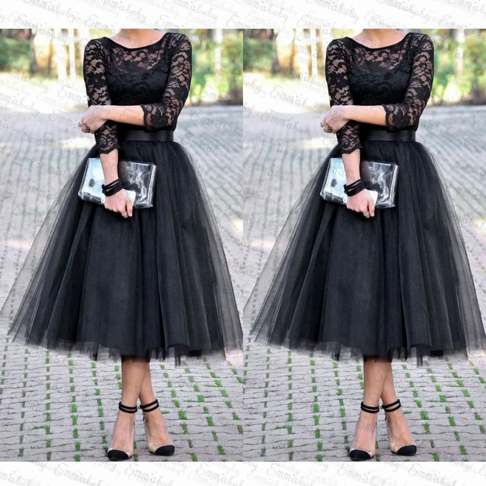Черные вечерние платья с круглым вырезом, рукавом три четверти, геометрическим рисунком, фатиновые летние платья, модные женские кружевные платья