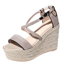 Fashion ankle warp Frauen Sandalen peep toe Wedges schaffell wildleder Sommer Schuhe Strand solide schnalle 10 cm plattform schuhe