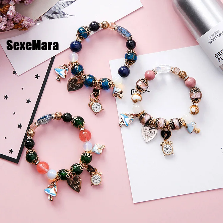 

Bohemian folk style girl clock love letter lock colorful beads bracelet