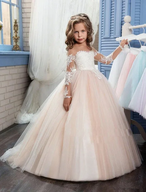 

New Ivory Puffy Lace Flower Girl Dress Weddings Long Sleeves Ball Gown Kids Party Communion Pageant Gown Vestidos 0-16Y