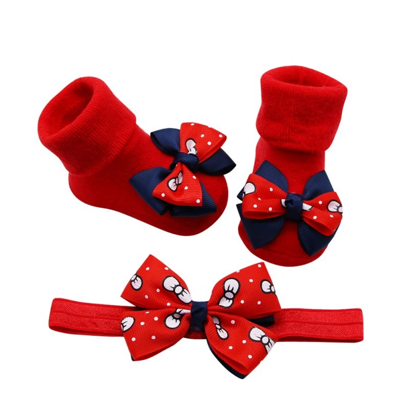 2PCS/Set Baby Socks For Girl Bebe Toddler Newborn Sock+ Bow Headband Infant Anti Slip Cotton Socks Glue Birthday Sock 0-1Years