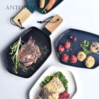 

ANTOWALL Matte Glaze 4 Colors Ceramic Tableware Nordic Dinner Steak Plate Dessert Food Plate with Wooden Handle Home Dinnerware