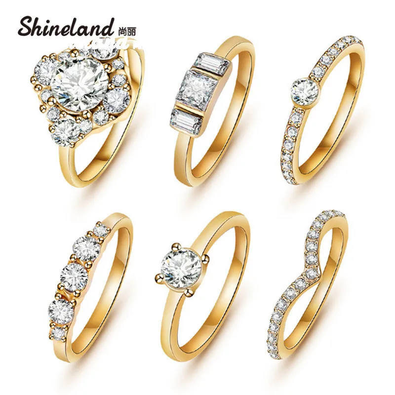 (6pcs /set) Hot Shiny Gold Color Crystal Austrian Zircon Rings Set Noble Charms Wedding Rings For Women Girls Fashion Jewelry