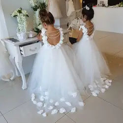 Платья для причастия Белое платье с цветочным рисунком для девочек для свадьбы кружево с аппликацией и бисером Пышное Платье