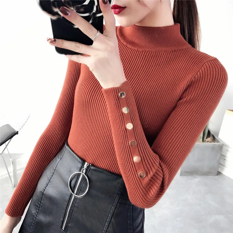 2018 11 Colors Autumn Women Button Turtleneck Knitted Pullovers Full Casual Long Sleeve Solid Basic Sweaters Sweaters