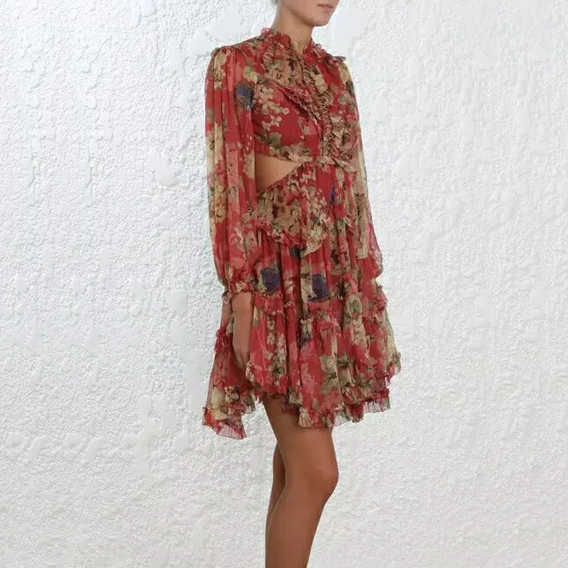 Новое поступление, Осеннее женское мини-платье с цветочным принтом, с вырезами на талии, с рукавами, с открытой спиной, сексуальное короткое женское платье Nobel