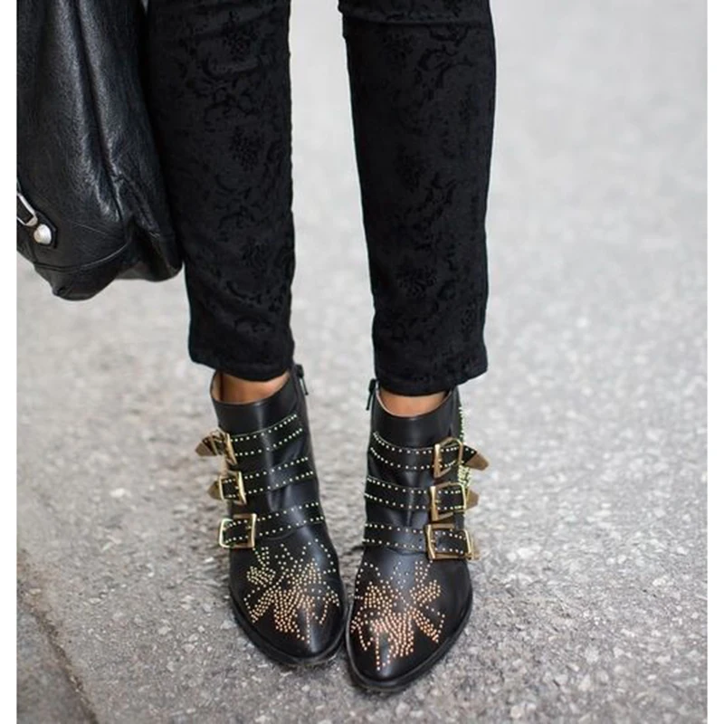 

Leather/Suede Celebrity Susanna Shoes Woman Buckle Strap Rivet Studded Ankle Boots Women Chunky Heels Motorcycle Botas Dropship