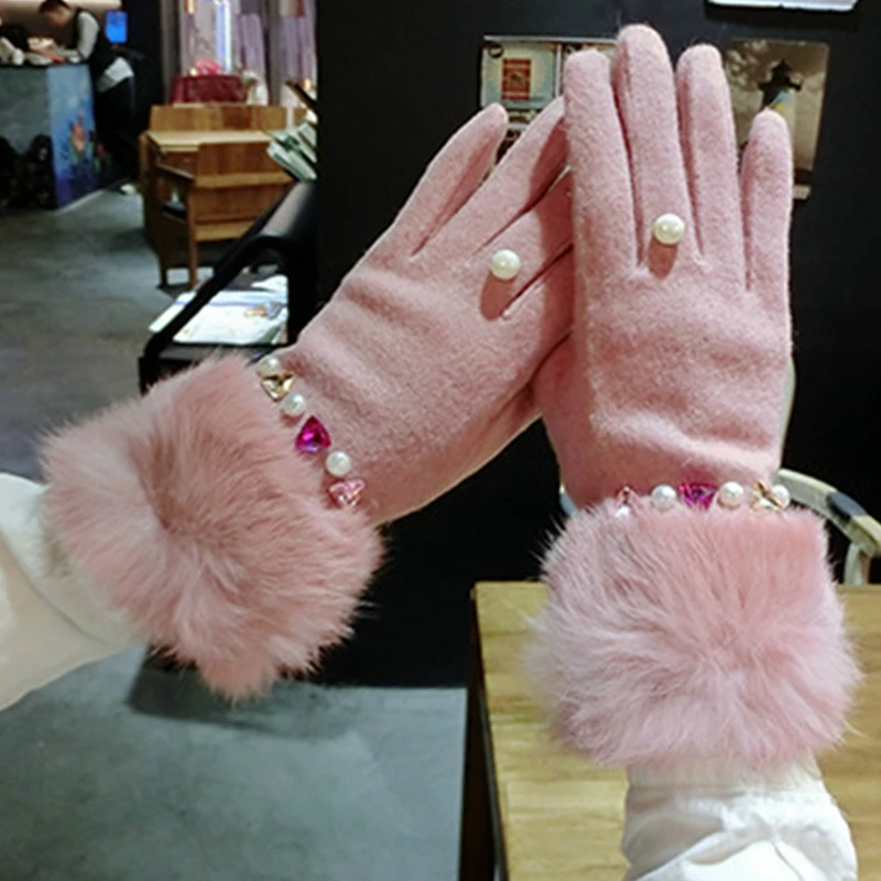 2017 Роскошные брендовые Для женщин Зимняя шерстяная одежда перчатки красочные кристалл меха кролика элегантные меховые женские перчатки