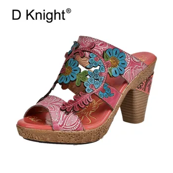 

Plus Size 36-42 Gladiator Sandals for Women Genuine Leather Chunky High Heels Women Slippers Ladies Summer Shoes Woman Slides