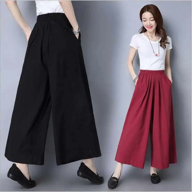 

spring ankle-length wide leg pants solid color large size loose cotton linen elastic waist trousers women casual skirt pant