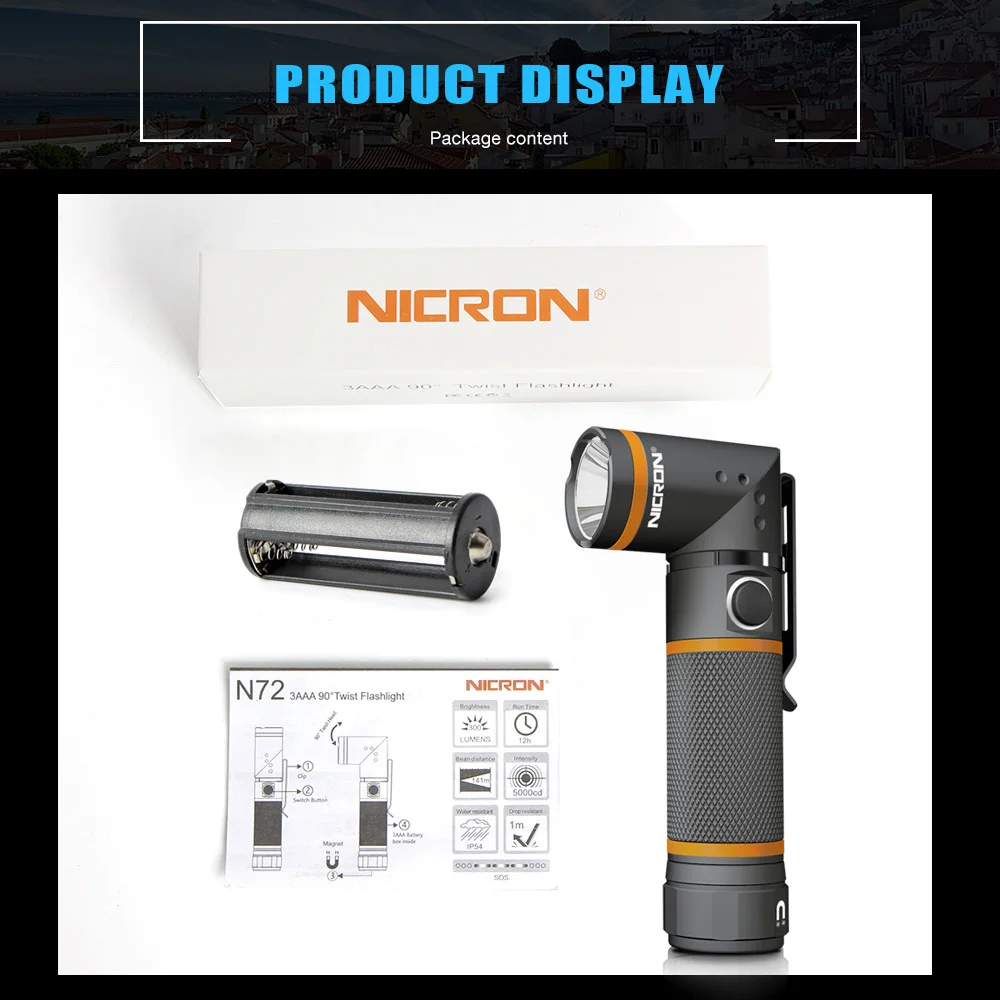 NICRON 90 Degrees Magnet Twist LED Flashlight Waterproof IP54 3AAA Battery 300LM 5000CD Mini LED Torch Light For Outdoor etc N72