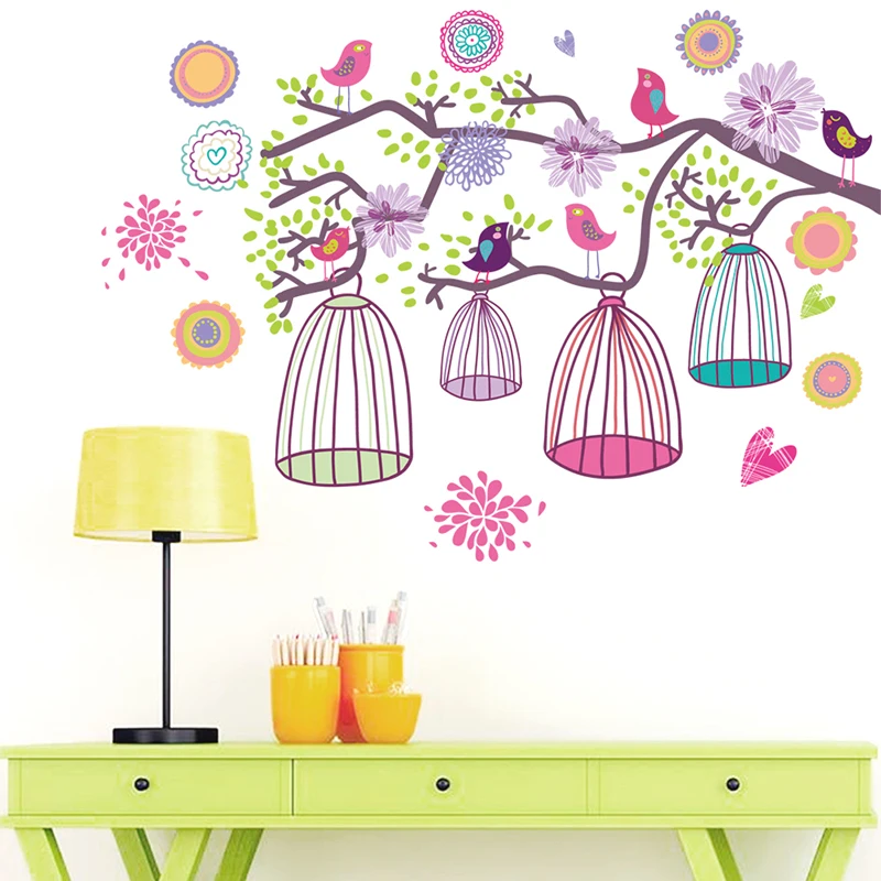 

colorful flower bird birdcage wall stickers for kids rooms home decor cartoon wall decals diy poster pvc mural art decorations