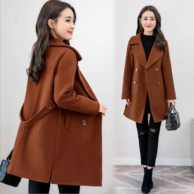 

Office Lady Pockets Long Wool Coat Wide-waisted Wool Blend Coat and Jacket Double Breasted Women Coats Autumn Winter