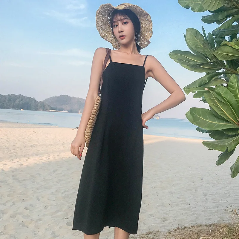 

Fashion Women Summer Dress Solid Sleeveless Spaghetti Strap Boho Dresses Casual Mid-calf Evening Party Beach Vestidos Sundress