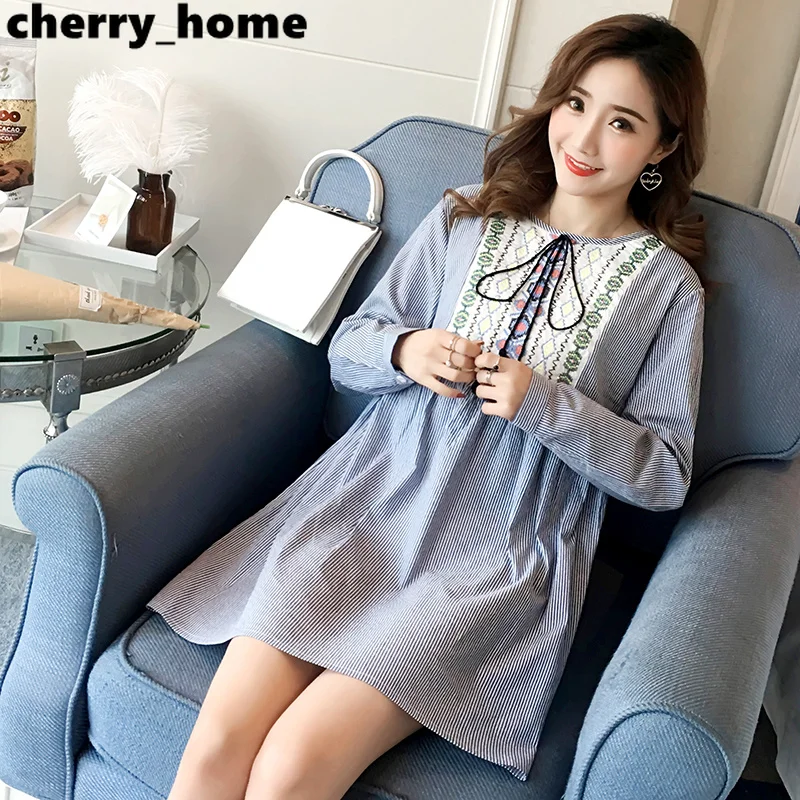 

Goaryunve 2019 Spring Stripe Pregnant Women Lactation Shirts Long Sleeve Zipper Breastfeeding Blouses Lace Nursing Mini Dress