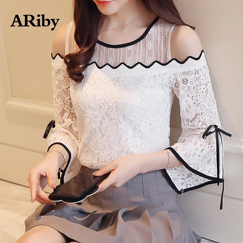 

Women Shirts Chiffon White Blouse 2019 New Fashion Spring Summer Office Lady Lace Print O-Neck Hollow Out Plus Size Tops Shirt
