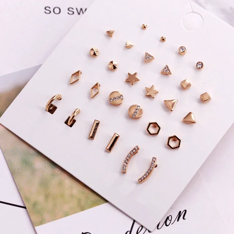 

14 Pcs/Lot Brincos Crystal Alloy Round Ball Gold Color Stud Earrings Triangle CZ Hollow Star Tiny Earring Set For Women ABE82