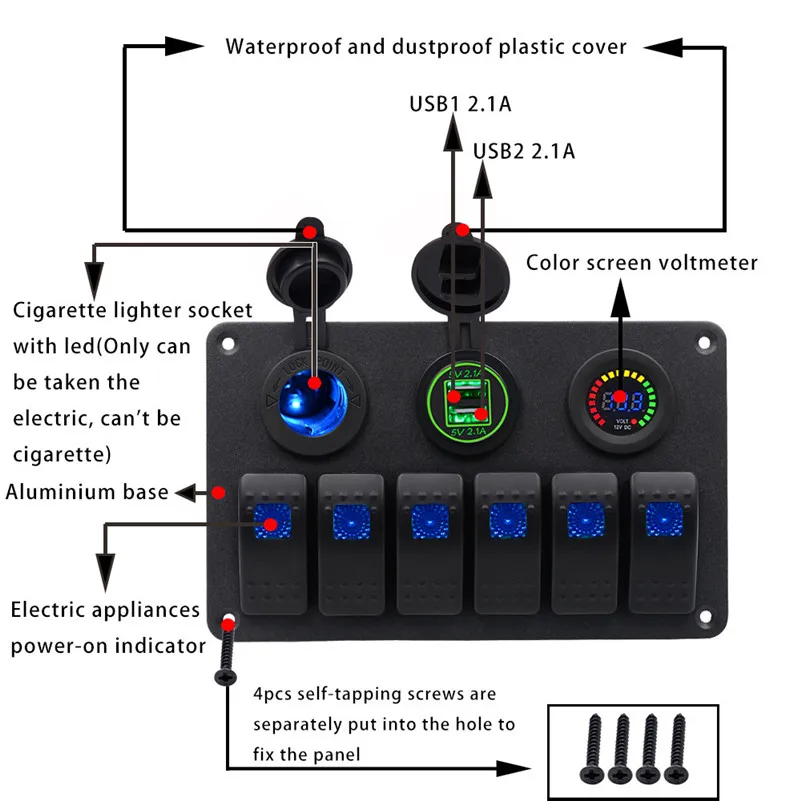 

6 Gang Waterproof Car Auto Boat Marine LED Rocker Switch Panel Circuit Breakers Voltage meter - Cigarette Lighter Socket