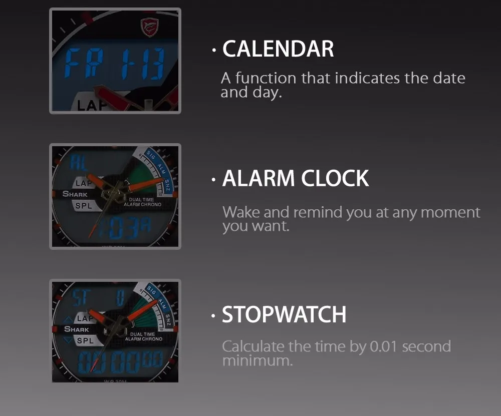 Бренд Акула Аналоговое Двойное Дисплей Времени Даты Дня Функция Будильника Силиконовый Ремешок Мужчины Чёрный Циферблат Корпус Красная Стрелка Кварцевые Военные Мужские Спортивные Часы/SH043